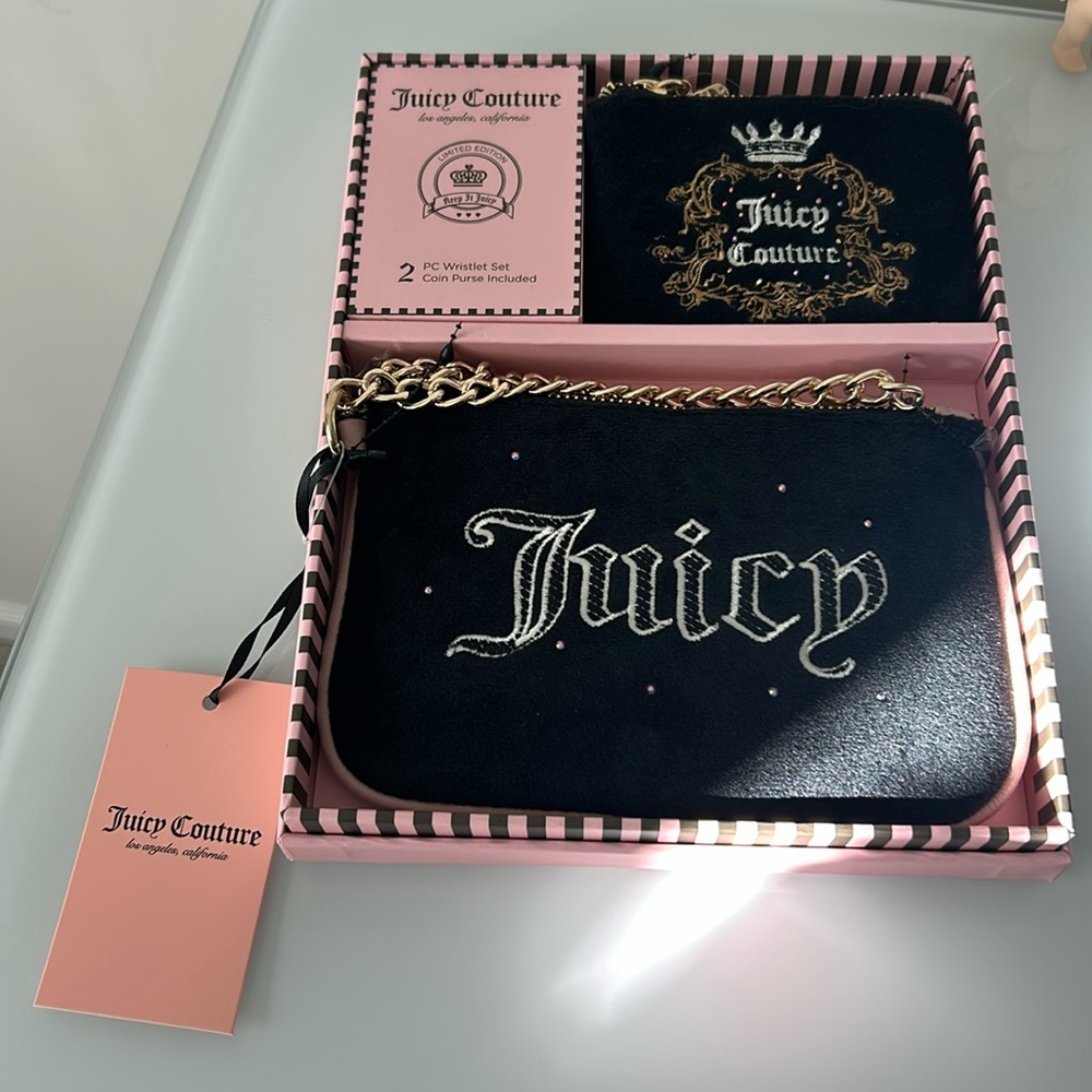 Juicy Couture black white embroidered logo wallet and pouch boxed gift Set